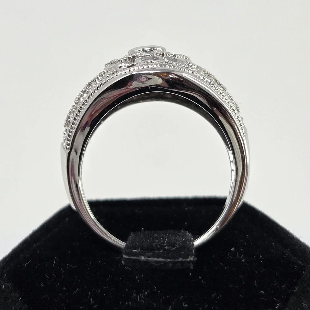 Vintage Sterling Silver Rhodium CZ Flower Dome Cocktail Statement Ring Size‎ 8